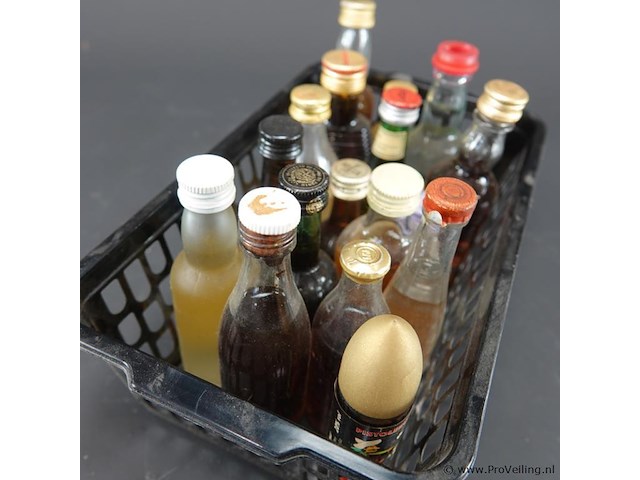Verzameling vintage miniatuurflesjes (mignons) met diverse soorten alcoholische dranken. - afbeelding 2 van  5