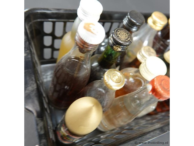 Verzameling vintage miniatuurflesjes (mignons) met diverse soorten alcoholische dranken. - afbeelding 4 van  5