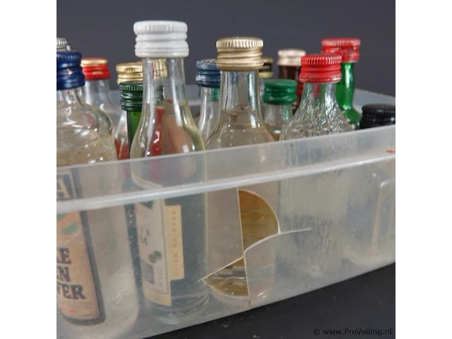 Verzameling vintage miniatuurflesjes (mignons) met diverse soorten alcoholische dranken. - afbeelding 4 van  6