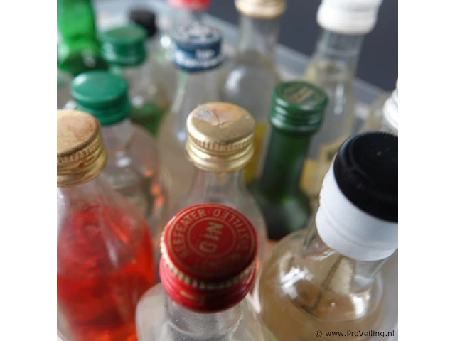 Verzameling vintage miniatuurflesjes (mignons) met diverse soorten alcoholische dranken. - afbeelding 6 van  6