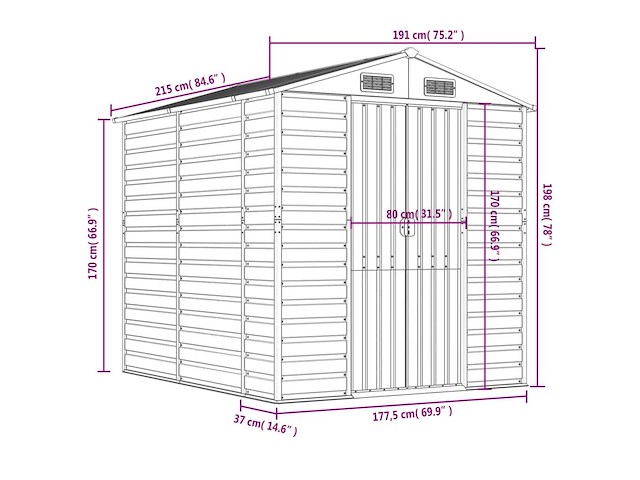 Vidaxl metalen tuinschuur groen - 215x191x198 cm - afbeelding 9 van  9