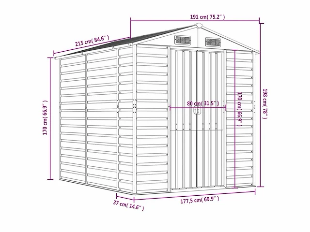 Vidaxl metalen tuinschuur groen - 215x191x198 cm - afbeelding 8 van  9