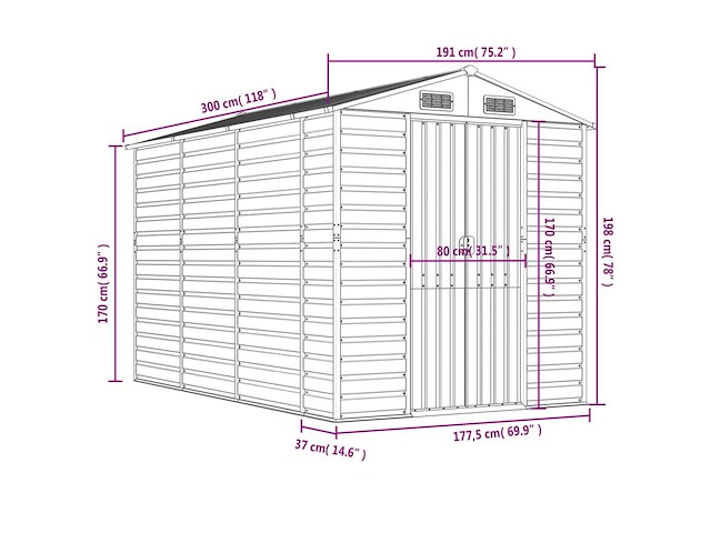 Vidaxl metalen tuinschuur hout - 300x191x198 cm - afbeelding 2 van  10