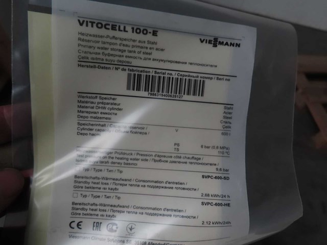 Viessmann - vitocell 100-e svpc-600-sd - buffervat 600l - afbeelding 2 van  2
