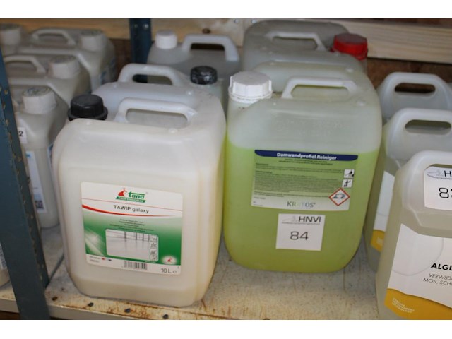 Vijf jerrycans reinigingsproducten waaronder damwandprofielreiniger, op wasbasis, allesreiniger en karpex. - afbeelding 1 van  5