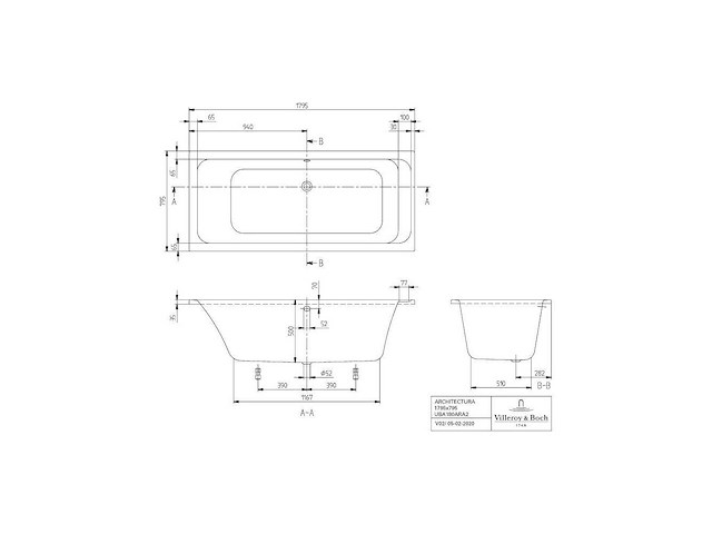 Villeroy & boch bt architectura 180x80cm uba10ara2v-01 duobad - afbeelding 2 van  4