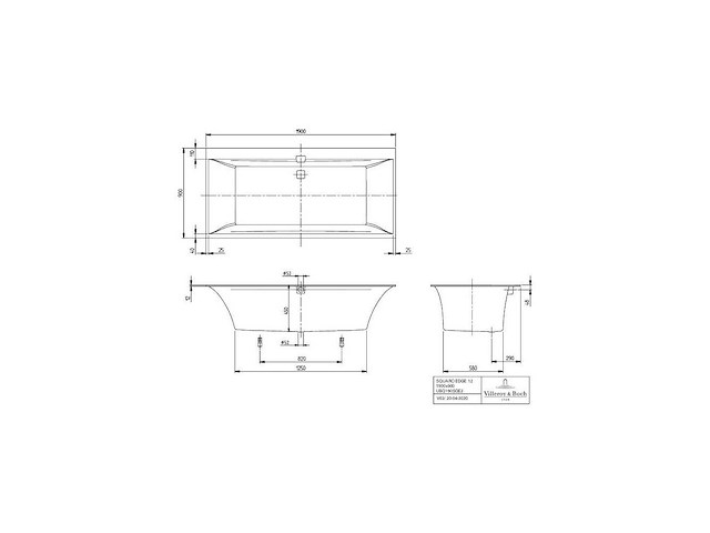 Villeroy & boch square edge 190x90cm ubq190sqe2dv inbouwbad - afbeelding 4 van  6