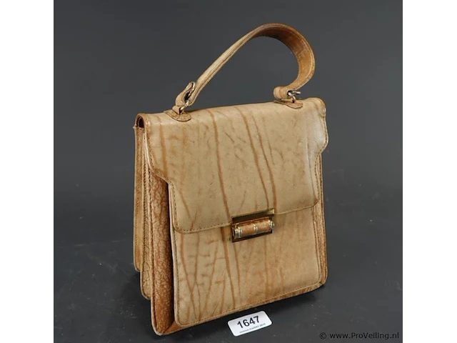 Vintage beige lederen handtas met bijpassende portefeuille en poederdoos - afbeelding 1 van  7