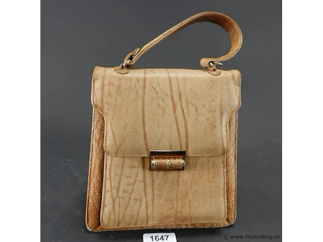 Vintage beige lederen handtas met bijpassende portefeuille en poederdoos - afbeelding 2 van  7