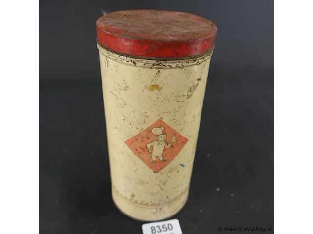 Vintage bolletje beschuitbus crème-wit blik met een rood deksel en een herkenbaar bakkersfiguurtje in een rode ruit - afbeelding 1 van  5