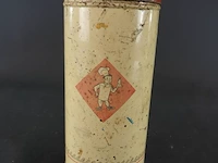 Vintage bolletje beschuitbus crème-wit blik met een rood deksel en een herkenbaar bakkersfiguurtje in een rode ruit - afbeelding 2 van  5