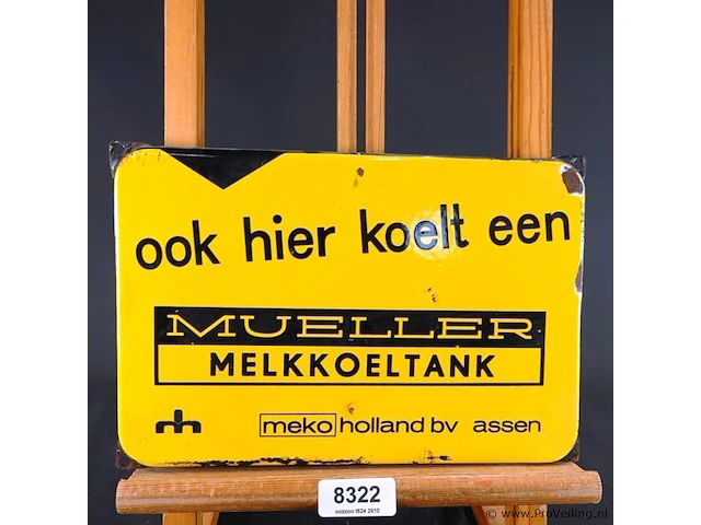 Vintage emaille reclamebord van een mueller melkkoeltank, gedistribueerd door meko holland b.v. in assen - afbeelding 2 van  5