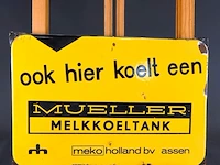 Vintage emaille reclamebord van een mueller melkkoeltank, gedistribueerd door meko holland b.v. in assen - afbeelding 2 van  5
