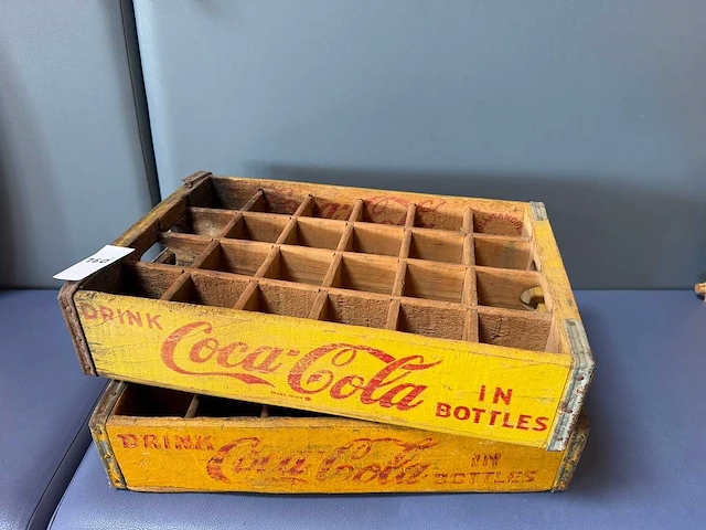 Vintage gele houten coca cola flessenkrat (2x) - afbeelding 4 van  6