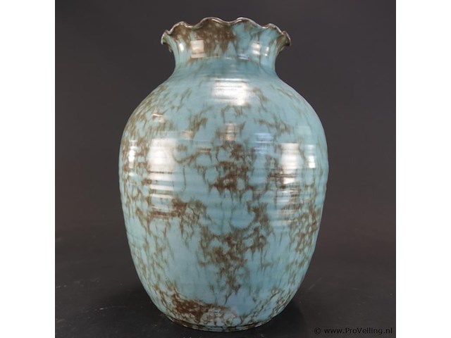 Vintage keramieken vaas in turquoise/bruine 'rubra' glazuur, ontworpen door wim visser voor de sphinx / petrus regout maastricht rond 1954. - afbeelding 3 van  5