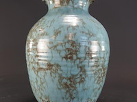 Vintage keramieken vaas in turquoise/bruine 'rubra' glazuur, ontworpen door wim visser voor de sphinx / petrus regout maastricht rond 1954. - afbeelding 3 van  5