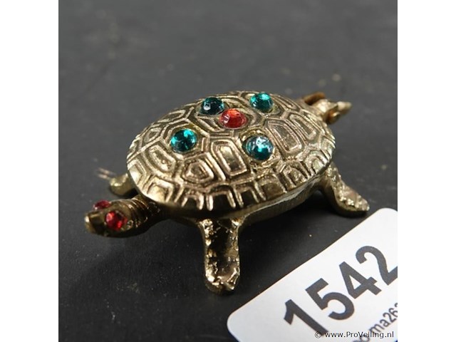Vintage messing schildpad sieradendoosje ingelegd met gekleurde strass-steentjes. - afbeelding 1 van  5
