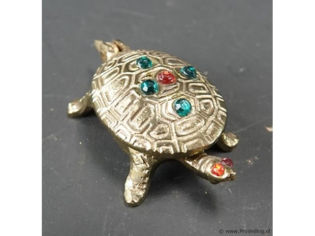 Vintage messing schildpad sieradendoosje ingelegd met gekleurde strass-steentjes. - afbeelding 2 van  5