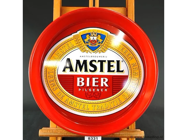 Vintage metalen amstel bier serveerblad met een opvallende rode opstaande rand en het klassieke merklogo - afbeelding 1 van  5