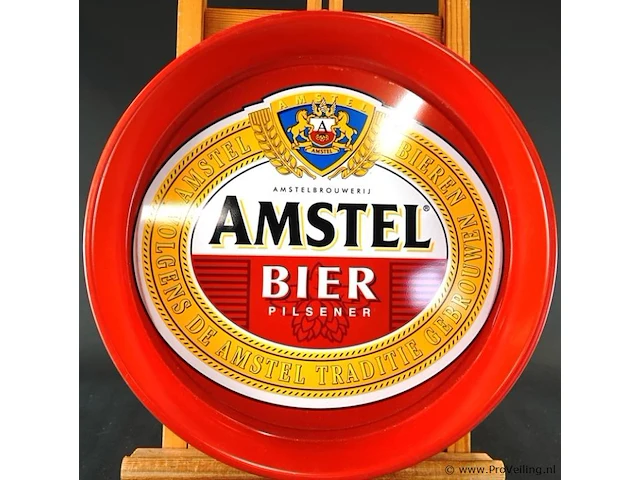 Vintage metalen amstel bier serveerblad met een opvallende rode opstaande rand en het klassieke merklogo - afbeelding 2 van  5