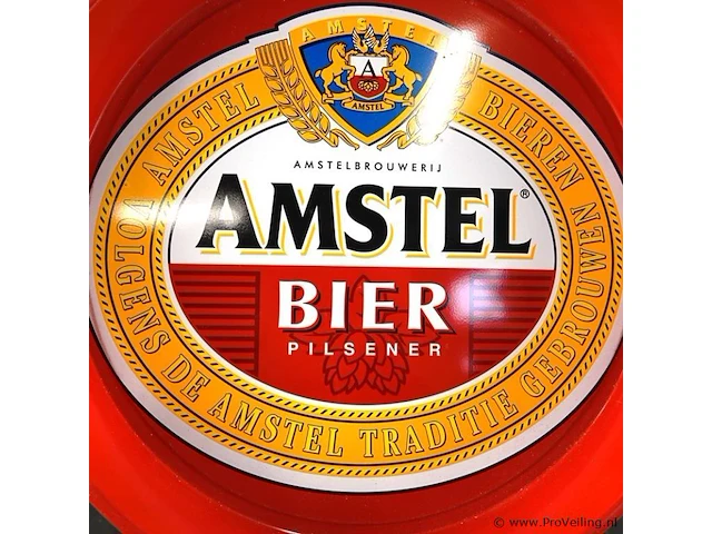Vintage metalen amstel bier serveerblad met een opvallende rode opstaande rand en het klassieke merklogo - afbeelding 3 van  5