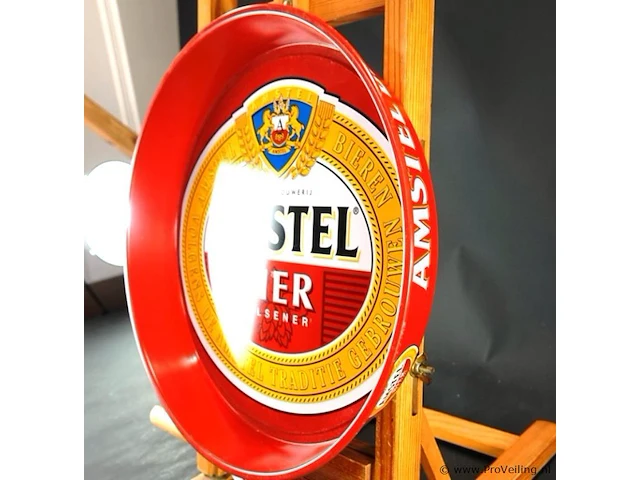 Vintage metalen amstel bier serveerblad met een opvallende rode opstaande rand en het klassieke merklogo - afbeelding 4 van  5