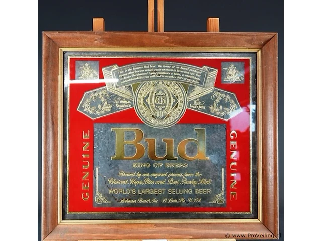 Vintage reclame van het amerikaanse biermerk budweiser (bud - king of beers), gevat in een houten lijst - afbeelding 2 van  8
