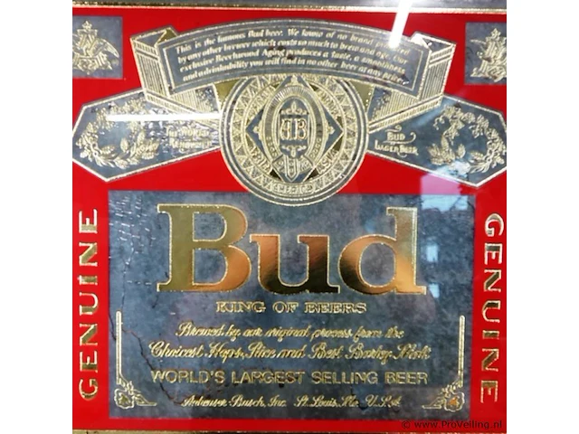 Vintage reclame van het amerikaanse biermerk budweiser (bud - king of beers), gevat in een houten lijst - afbeelding 3 van  8
