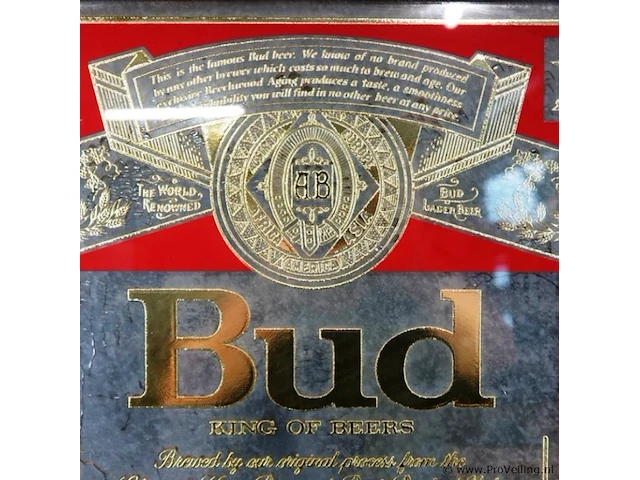 Vintage reclame van het amerikaanse biermerk budweiser (bud - king of beers), gevat in een houten lijst - afbeelding 5 van  8