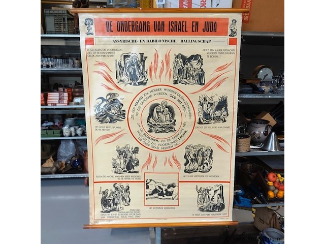 Vintage religieuze schoolplaat getiteld "de ondergang van israël en juda - assyrische- en babylonische ballingschap" - afbeelding 1 van  5