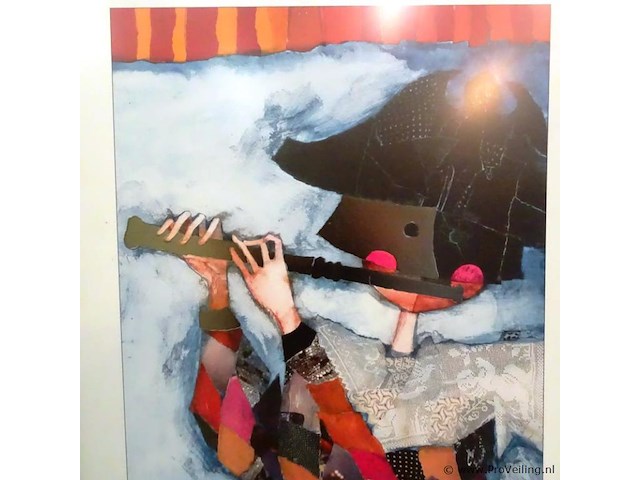 Vintage rosina wachtmeister 1980's music flute print / poster harlequin mask collage silver - afbeelding 3 van  5