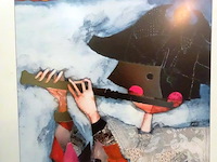 Vintage rosina wachtmeister 1980's music flute print / poster harlequin mask collage silver - afbeelding 3 van  5