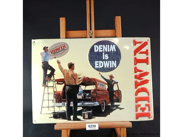 Vintage tinnen reclamebord van het merk edwin met een opvallende rode stationwagen en de tekst "denim is edwin" - afbeelding 1 van  5