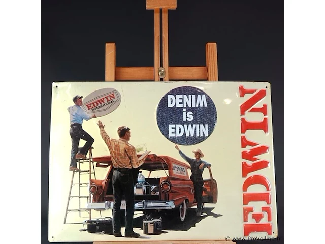 Vintage tinnen reclamebord van het merk edwin met een opvallende rode stationwagen en de tekst "denim is edwin" - afbeelding 2 van  5