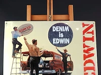 Vintage tinnen reclamebord van het merk edwin met een opvallende rode stationwagen en de tekst "denim is edwin" - afbeelding 2 van  5