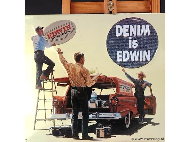 Vintage tinnen reclamebord van het merk edwin met een opvallende rode stationwagen en de tekst "denim is edwin" - afbeelding 3 van  5