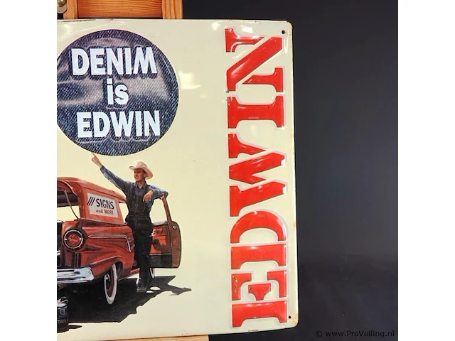 Vintage tinnen reclamebord van het merk edwin met een opvallende rode stationwagen en de tekst "denim is edwin" - afbeelding 4 van  5