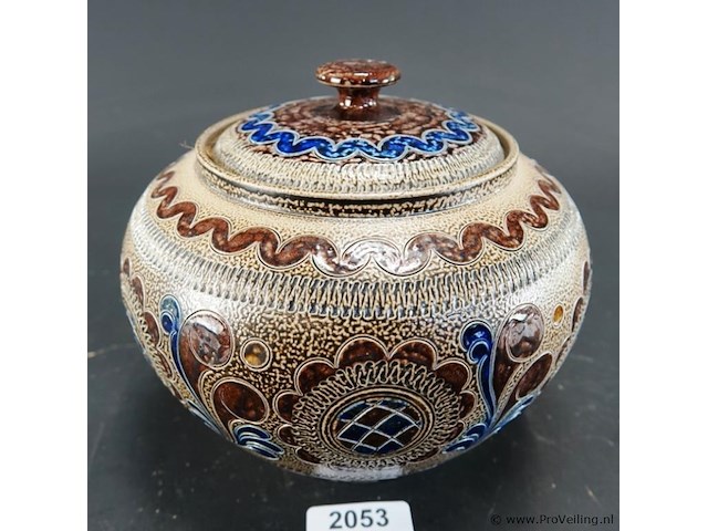 Vintage west-duitse steengoed dekselpot of bowl/punschtopf (mogelijk uit de jaren 1950–1960). - afbeelding 1 van  5