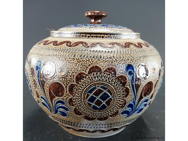 Vintage west-duitse steengoed dekselpot of bowl/punschtopf (mogelijk uit de jaren 1950–1960). - afbeelding 2 van  5
