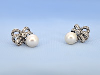 Vintage witgouden oorbellen met parels en diamant - afbeelding 4 van  8