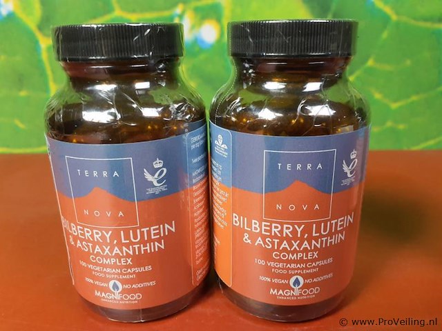 Voedingssupplementflesje bilberry, lutein & astaxanthin complex - potjes á 100 capsules - afbeelding 1 van  3