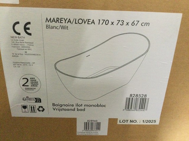 Vrijstaand bad 170x73x67 cm, allibert, mareya lovea, wit glans - afbeelding 3 van  3