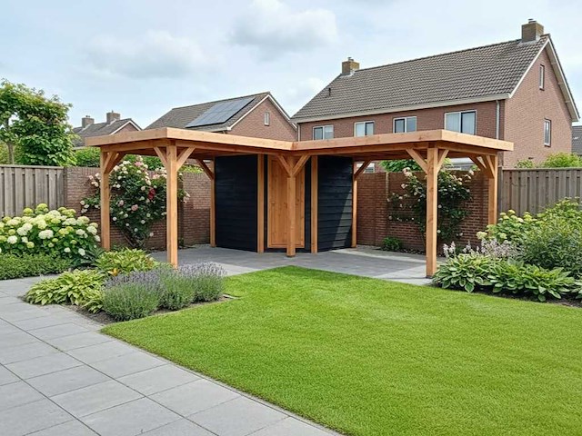 Vrijstaande hoekoverkapping met berging 900x600x257cm - afbeelding 1 van  13