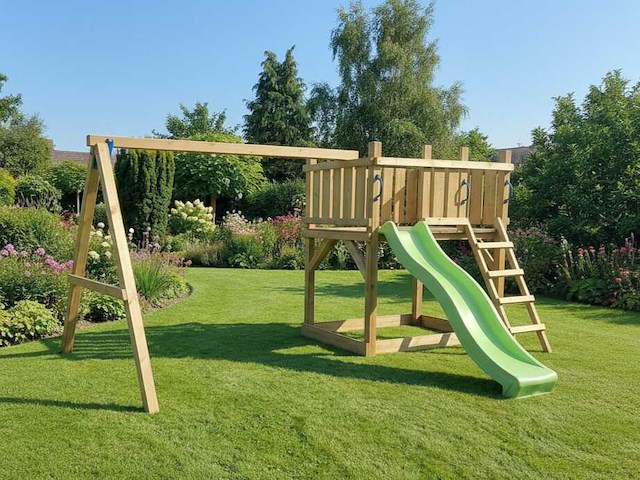 Vrijstaande speeltoren met schommel en glijbaan 410x300x200 cm - afbeelding 7 van  10