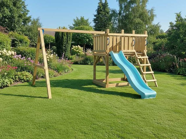 Vrijstaande speeltoren met schommel en glijbaan 410x300x200 cm - afbeelding 6 van  8