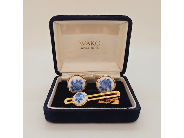 Wako ginza tokyo manchetknopen + tie-clip in delfts blauw stijl - afbeelding 1 van  5