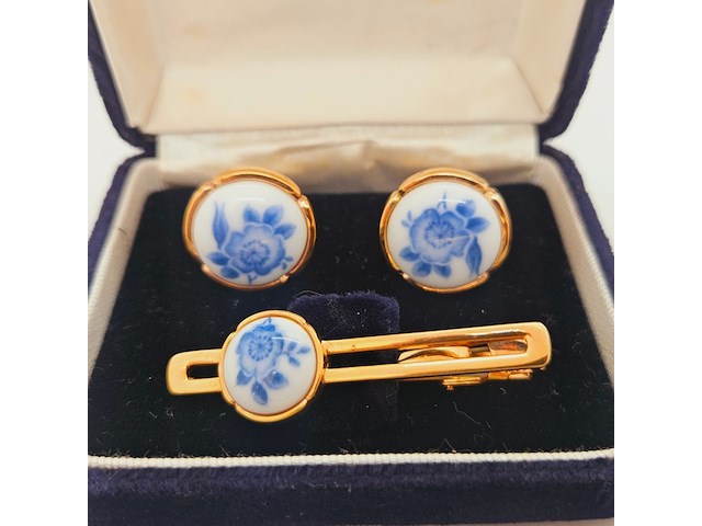 Wako ginza tokyo manchetknopen + tie-clip in delfts blauw stijl - afbeelding 2 van  5