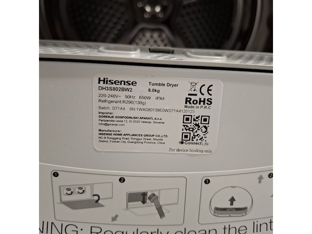 Warmtepomp droger 8.0 kg, hinsense demo model a++, dh3s802bw2 - afbeelding 8 van  9