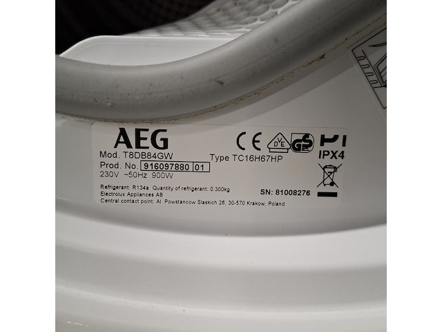 Warmtepomp droger, aeg, tc16h67hp | 8000 series | 8 kg, wit - afbeelding 9 van  9
