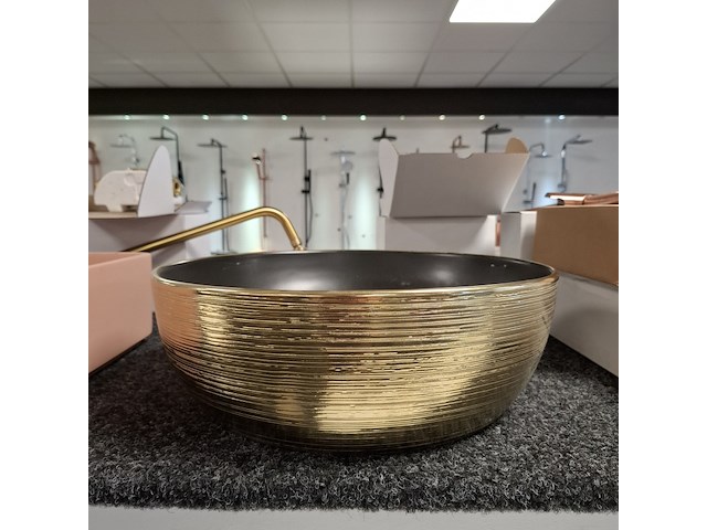 Waskom, sanisplash, rondo, mat zwart/goud geborsteld - afbeelding 1 van  4